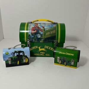 John Deere Tin Lunch Box Set Large Dome Top & 2 Mini Tins Vintage Style Tractor